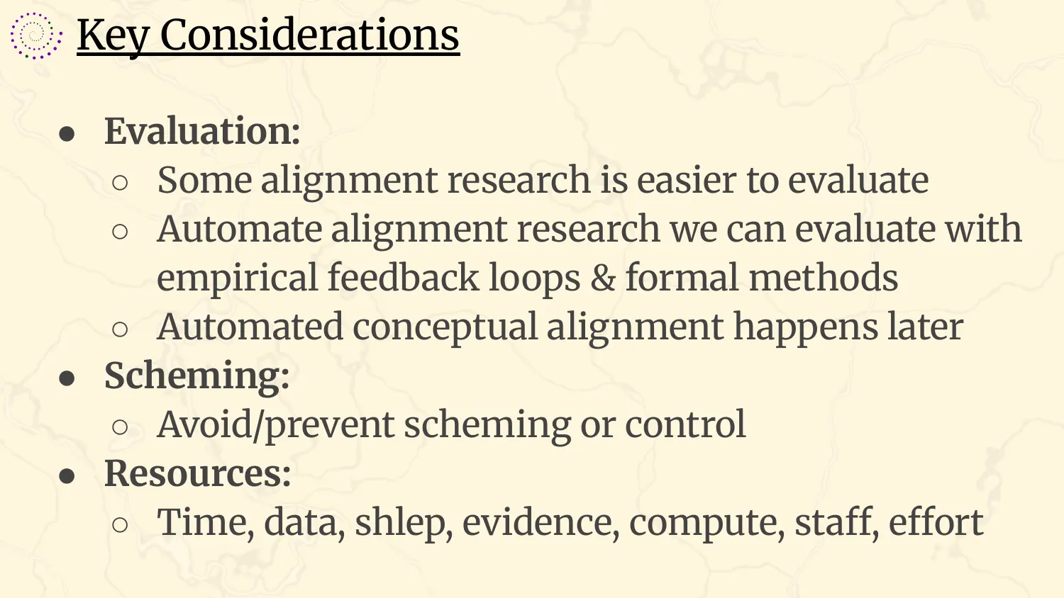 A slide headed “Key Considerations” with three groups. Evaluation: some alignment research is easier to evaluate; automate the alignment research we can evaluate with empirical feedback loops and formal methods; automated conceptual alignment happens later. Scheming: avoid or prevent scheming, or control it. Resources: time, data, shlep, evidence, compute, staff, effort.