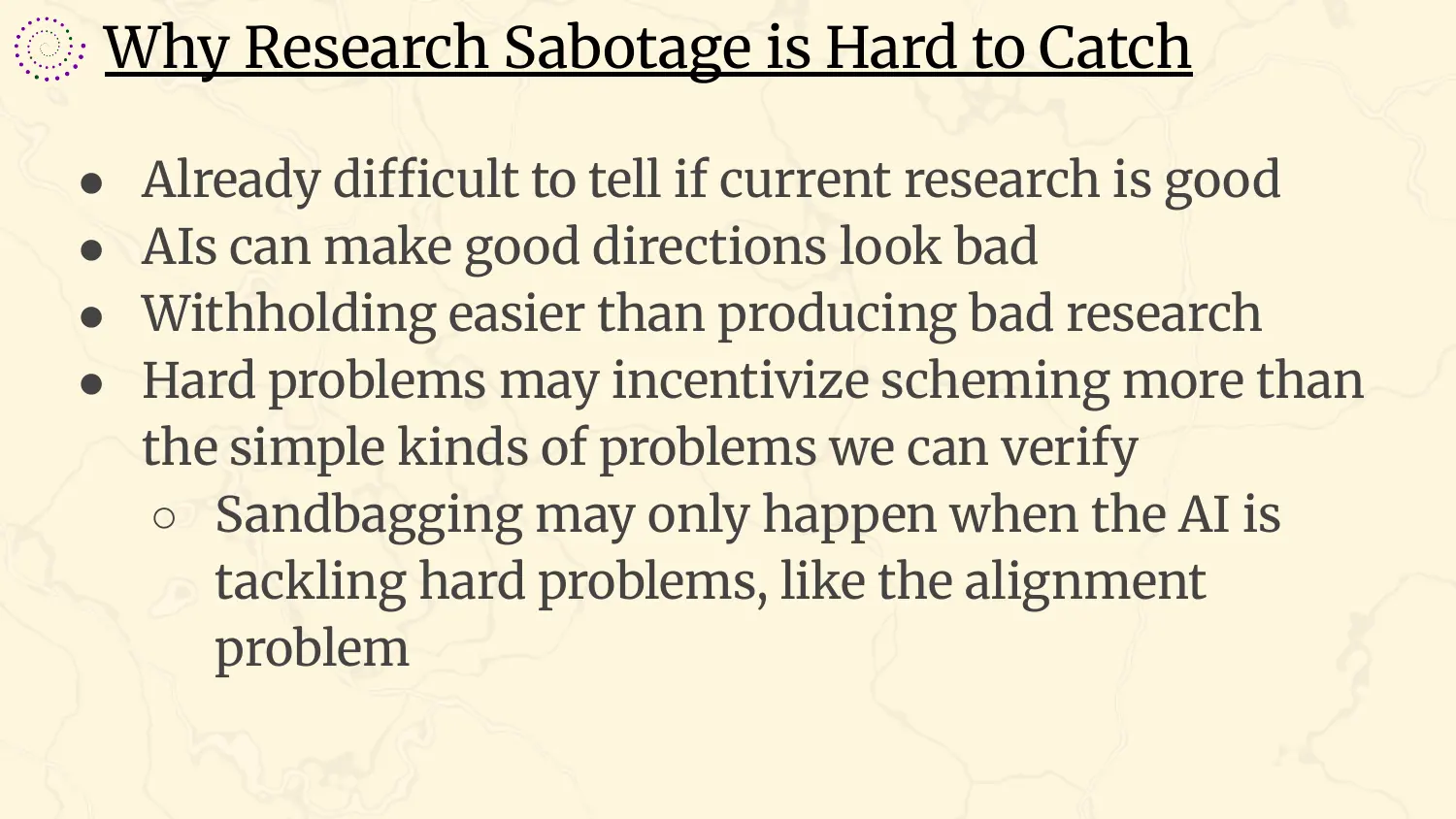 A slide headed “Why Research Sabotage is Hard to Catch”, with four bullets: it is already difficult to tell if current research is good; AIs can make good directions look bad; withholding is easier than producing bad research; hard problems may incentivize scheming more than the simple kinds of problems we can verify, so sandbagging may only happen when the AI is tackling hard problems, like the alignment problem.