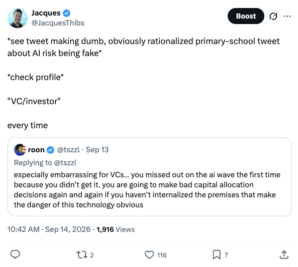 Jacques's September 14 post about VCs dismissing AI risk, including the quoted post by roon about investors missing the AI wave. A full text transcript follows.
