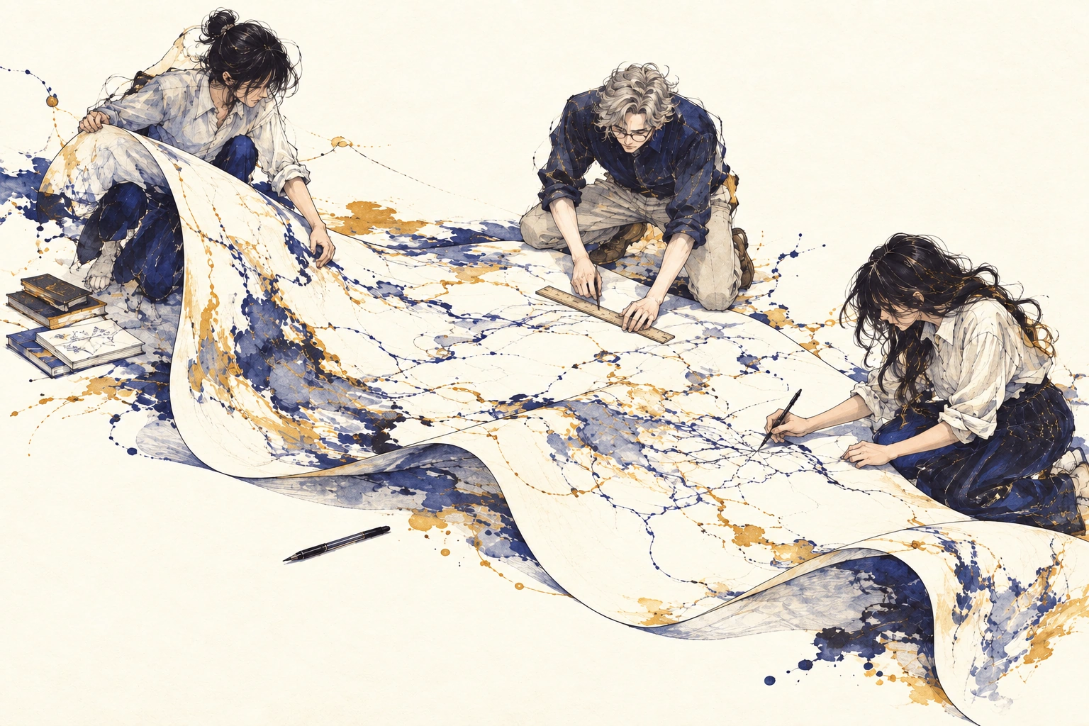Three researchers collaborate on a large, curling, unfinished map, drawing and measuring its branching lines in indigo and ochre ink.