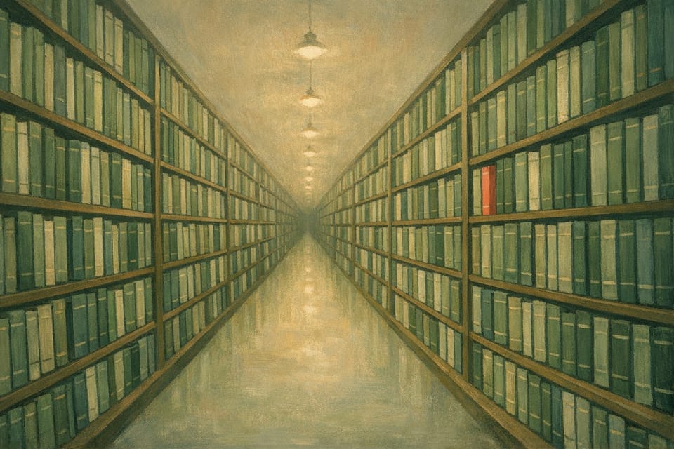 Painterly illustration of an endless library aisle stretching to a vanishing point, lit by hanging pendant lamps, with one red book on the shelf.